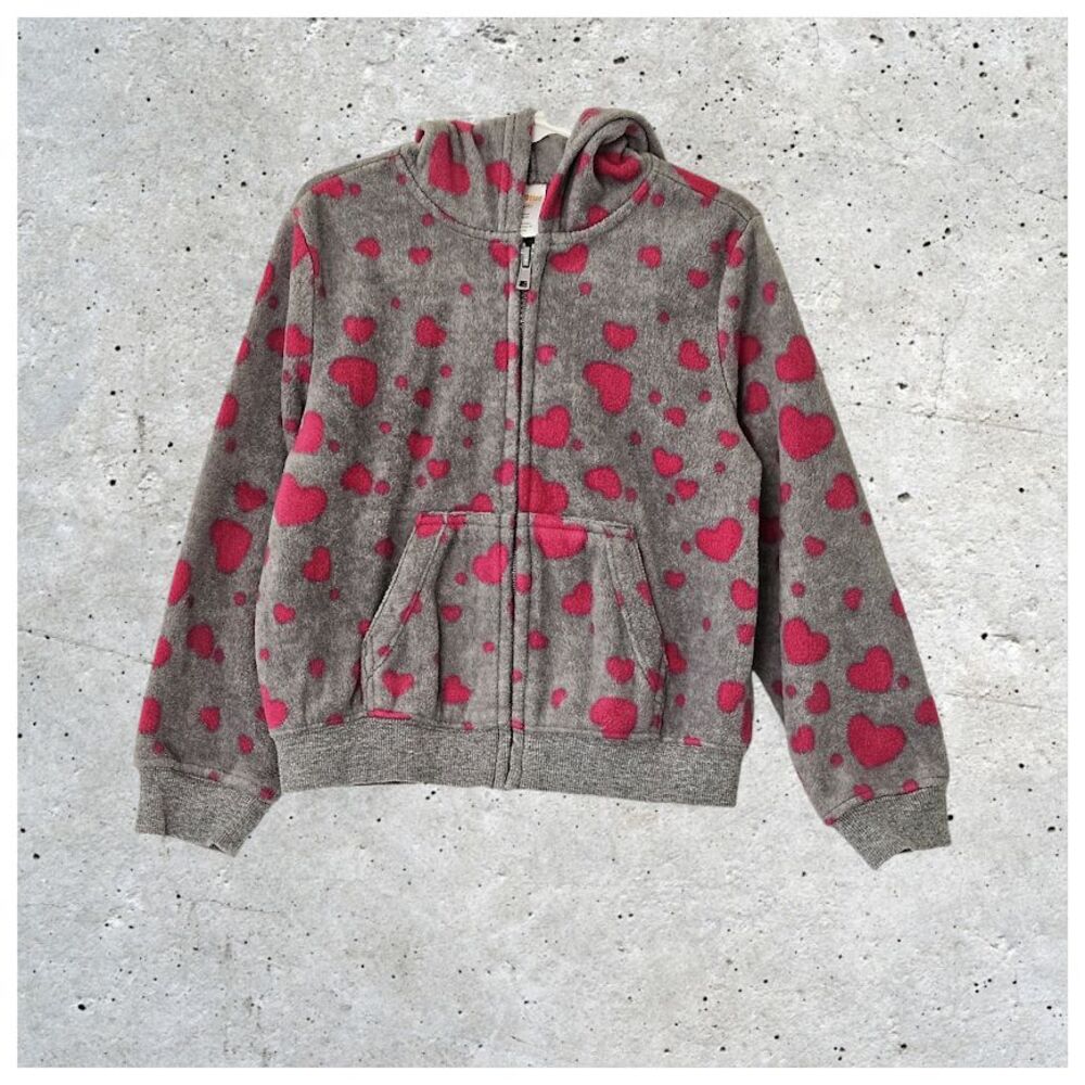 Gymboree Girls Long Sleeve Zip Grey Heart Print Futshia Fleece Sweater Hoodies S